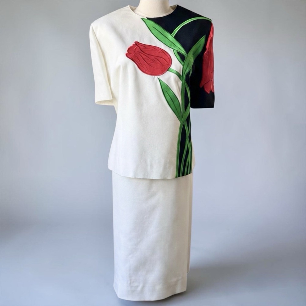 Vintage Gene Roye Tulip Appliqué Linen Skirt Suit Artwear 2pc 16